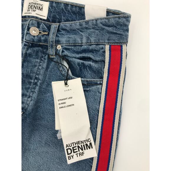 ZARA Authentic Denim TRF Light Wash Side Stripe Straight Cropped Jeans 2 - Picture 3 of 9